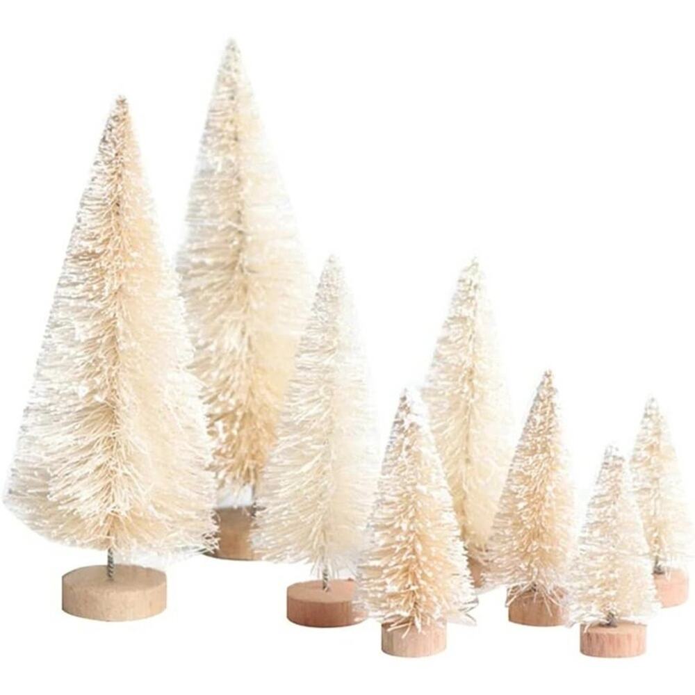 8PCS Artificial Mini Bottle Brush Pine Wood Base Tabletop Snow Frosted Trees